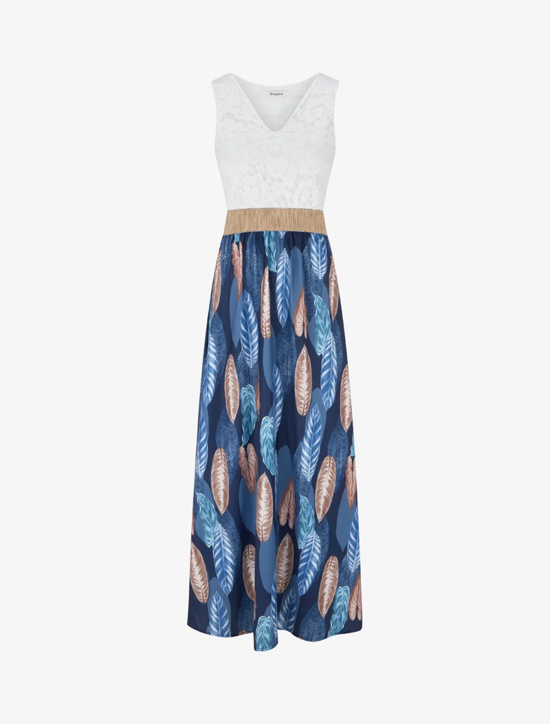 Robe longue à dentelle et imprimé feuilles - Marine