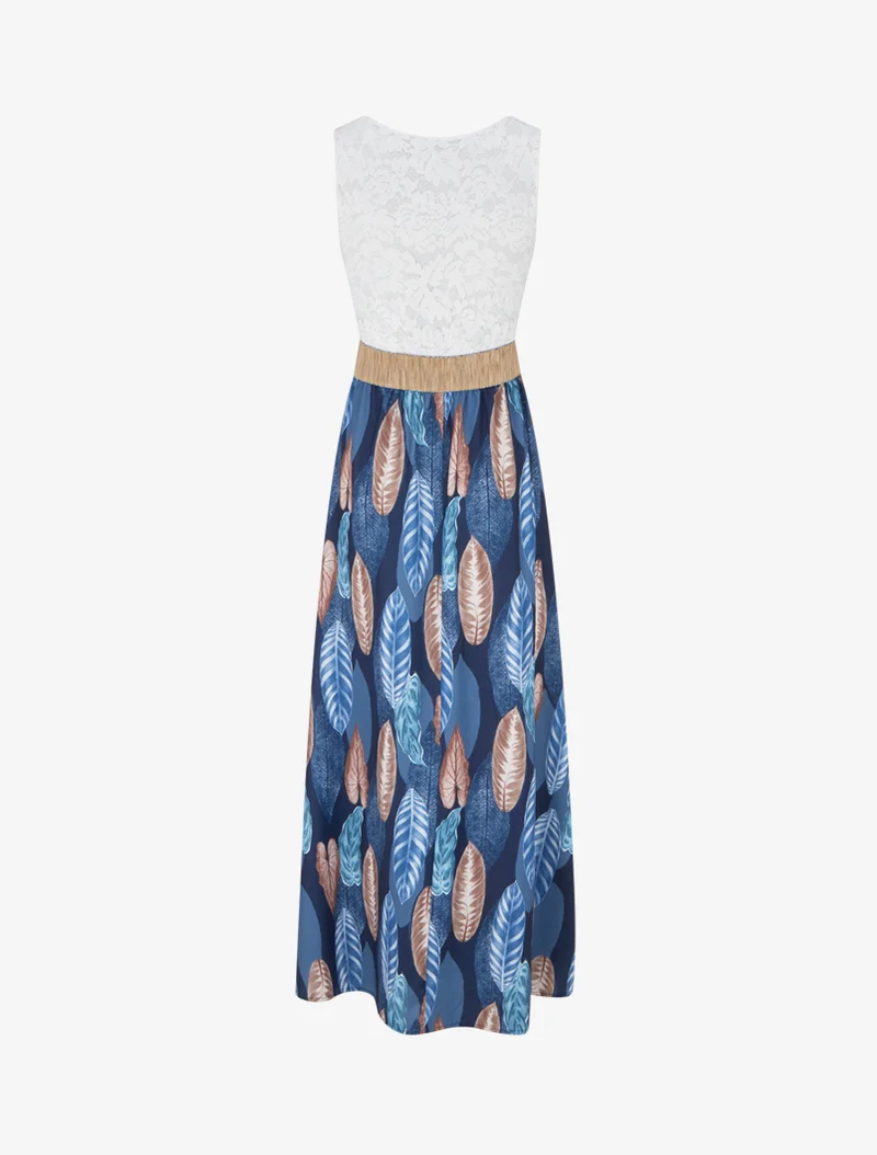 Robe longue à dentelle et imprimé feuilles - Marine