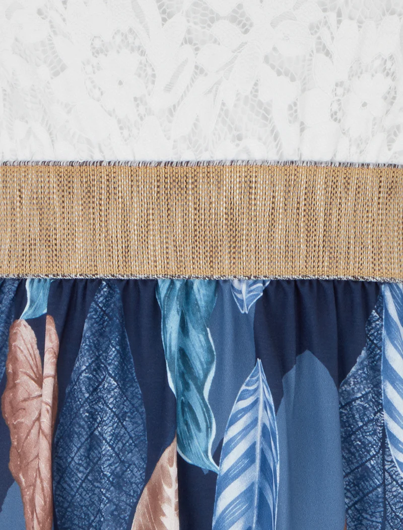 Robe longue à dentelle et imprimé feuilles - Marine