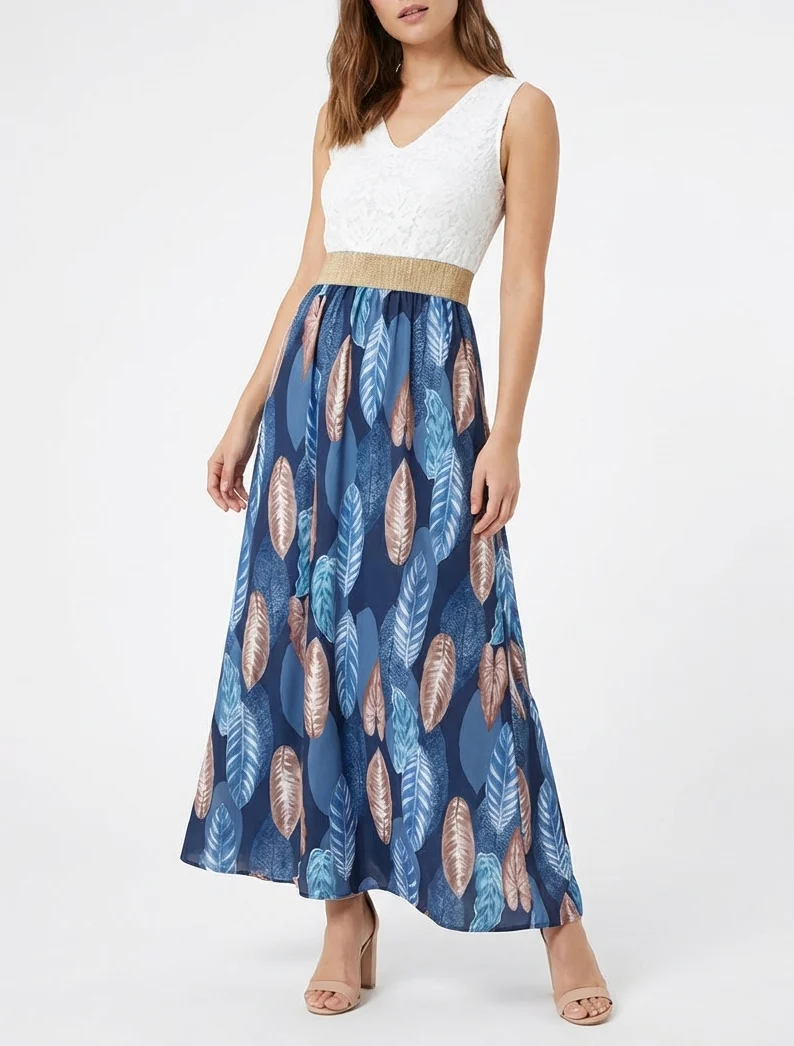 Robe longue à dentelle et imprimé feuilles - Marine