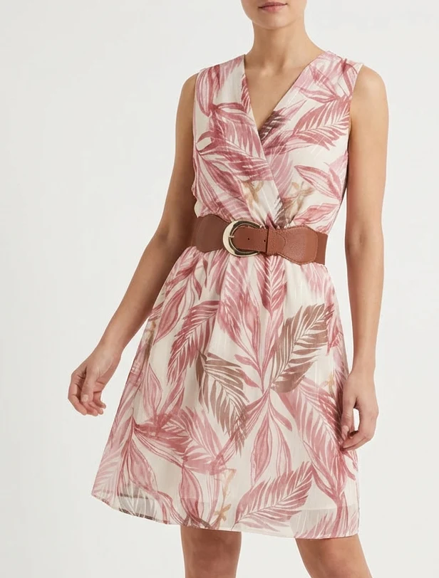Robe imprimé feuillage à rayures irisés - Vieux rose