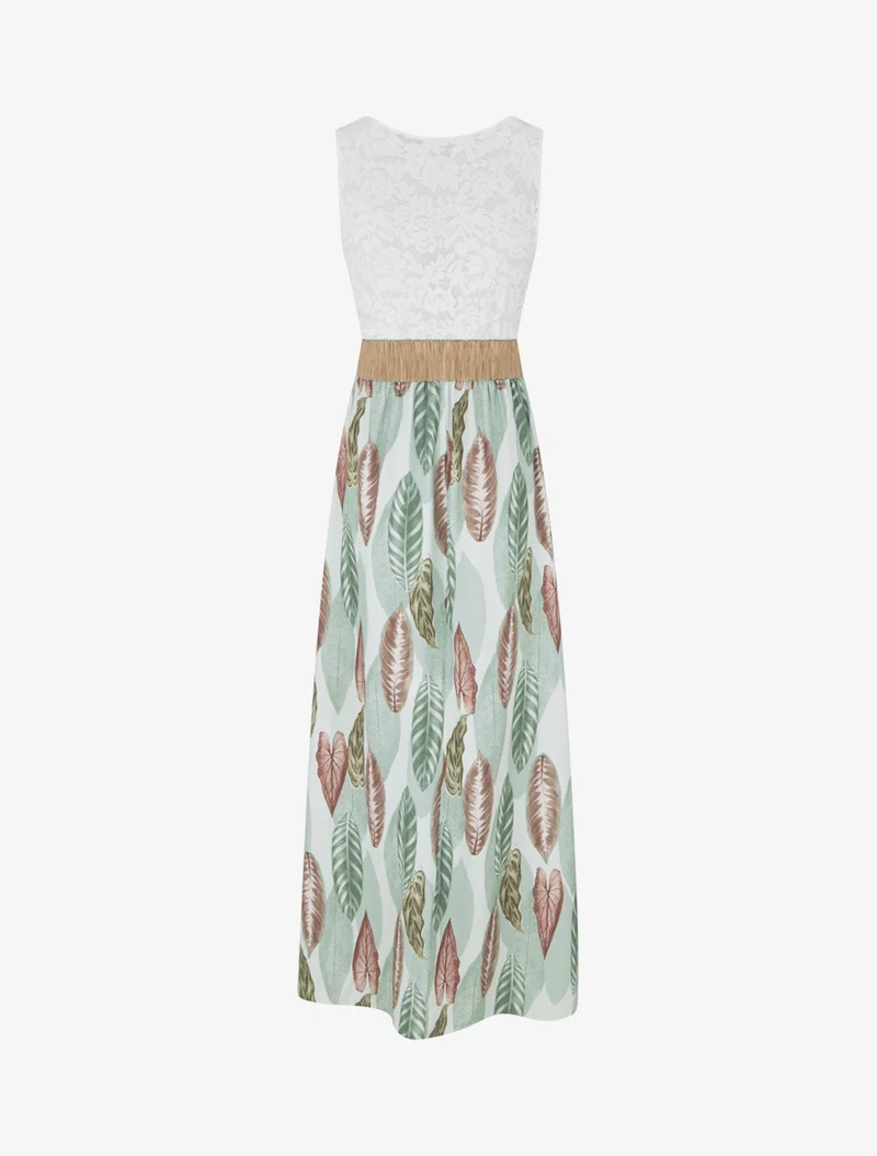Robe longue à dentelle et imprimé feuilles - Vert amande