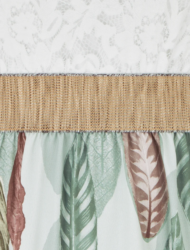 Robe longue à dentelle et imprimé feuilles - Vert amande