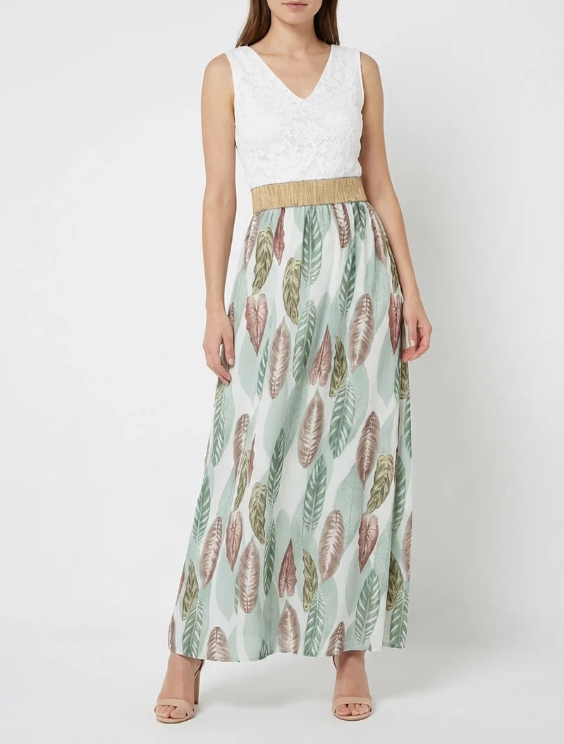 Robe longue à dentelle et imprimé feuilles - Vert amande