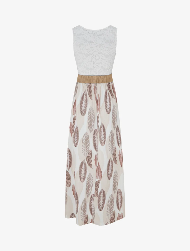 Robe longue à dentelle et imprimé feuilles - Beige