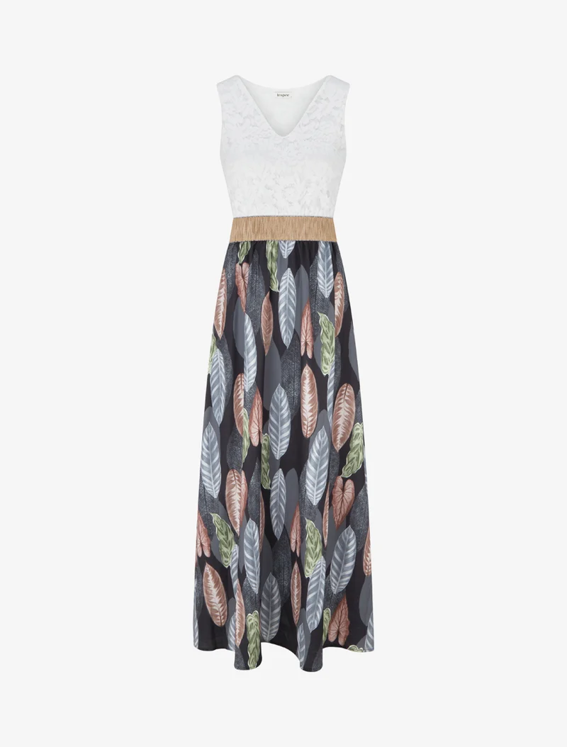 Robe longue à dentelle et imprimé feuilles - Noir