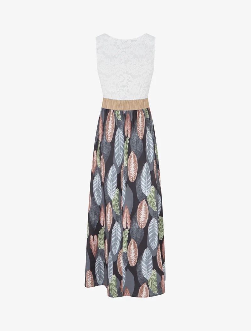 Robe longue à dentelle et imprimé feuilles - Noir