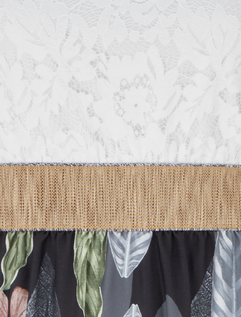 Robe longue à dentelle et imprimé feuilles - Noir