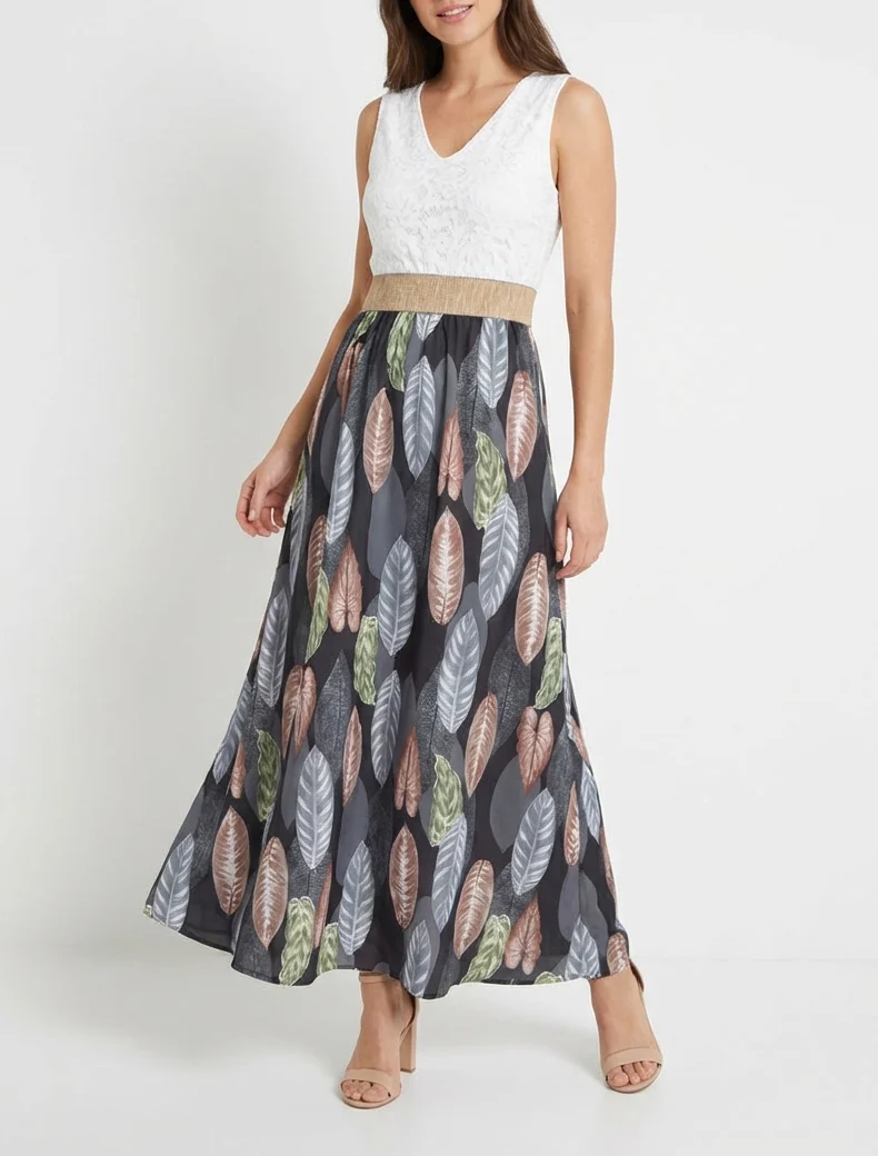 Robe longue à dentelle et imprimé feuilles - Noir