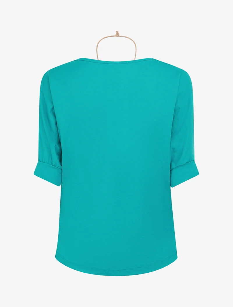 Top manches courtes effet lin à col bénitier - Turquoise
