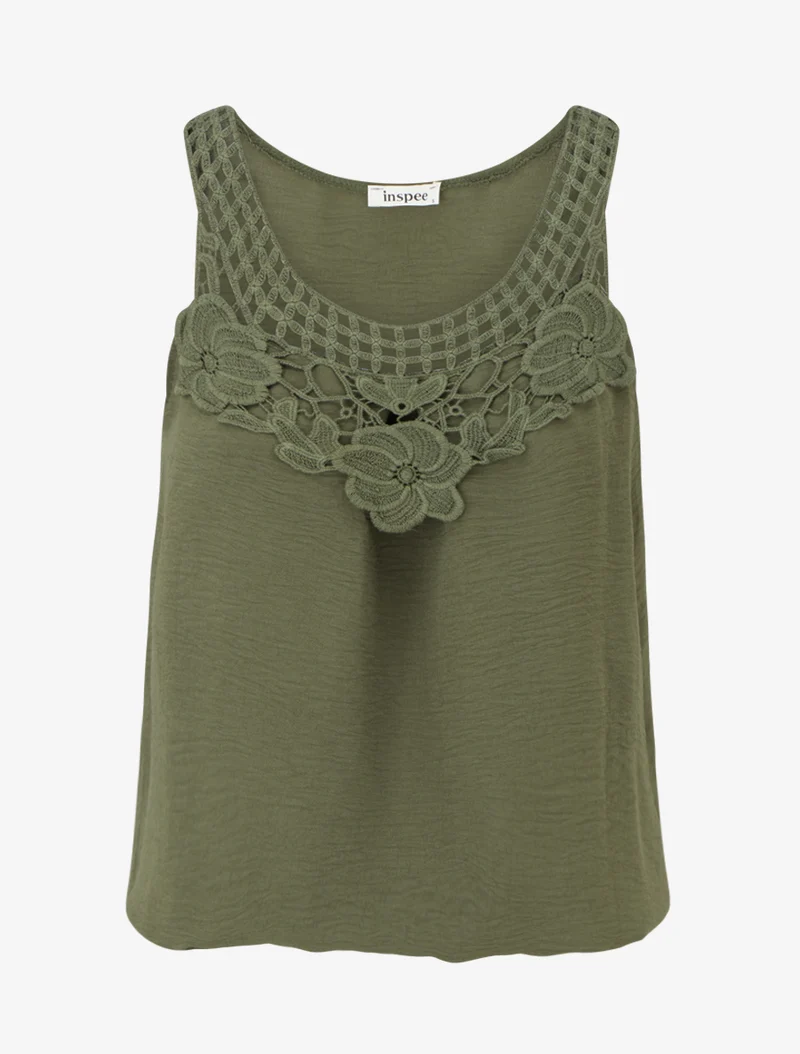 Top sans manches à dentelle et crochet - Kaki