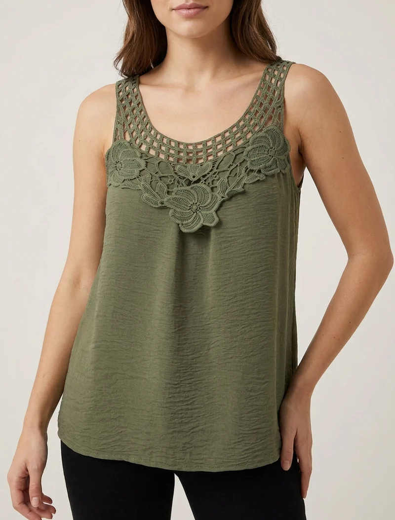 Top sans manches à dentelle et crochet - Kaki