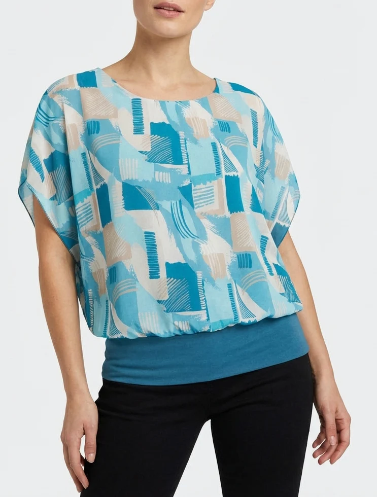 Top boule manches courtes imprimé graphique - Turquoise