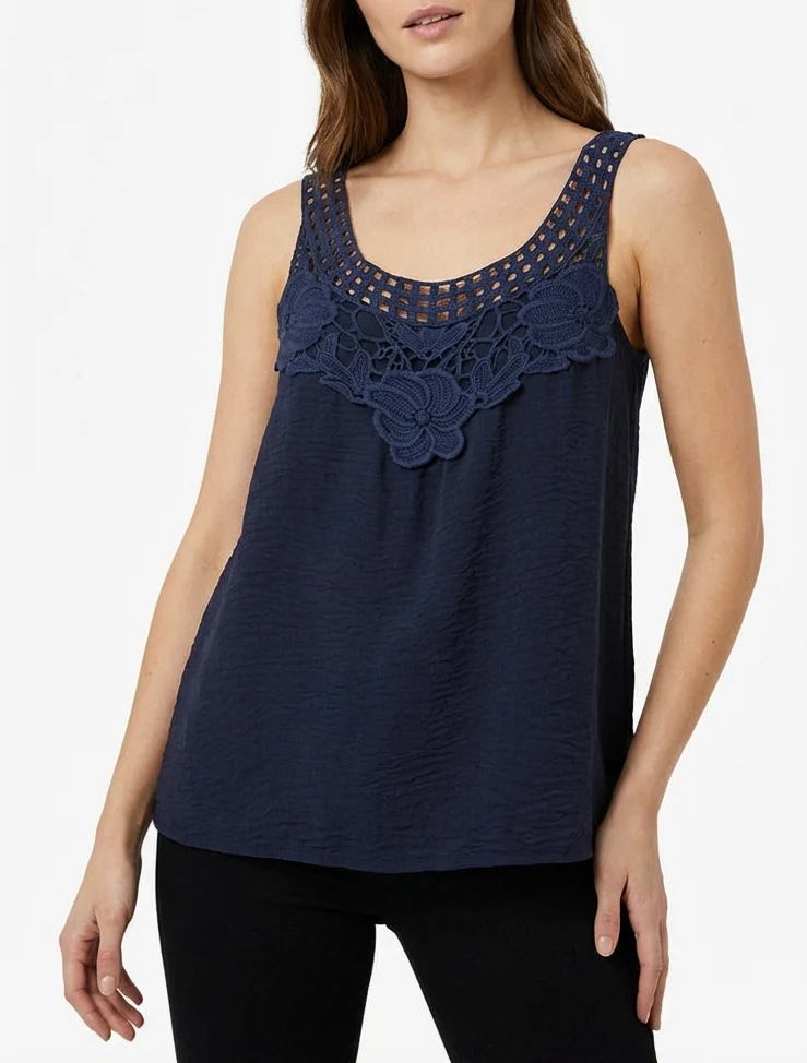 Top sans manches à dentelle et crochet - Marine
