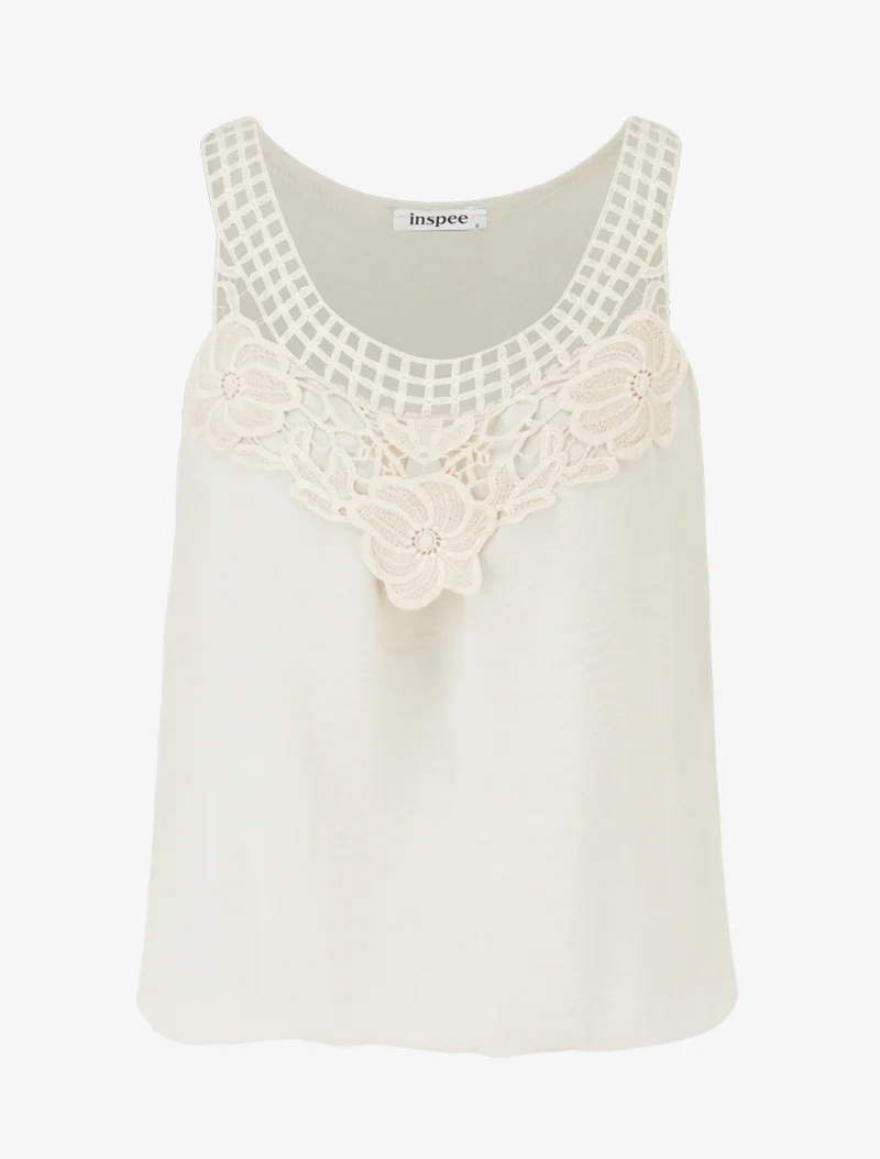 Top sans manches à dentelle et crochet - Beige