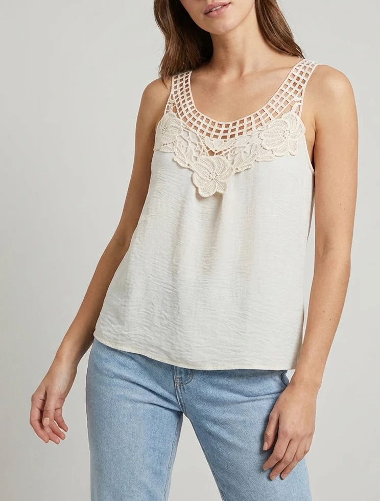Top sans manches à dentelle et crochet - Beige