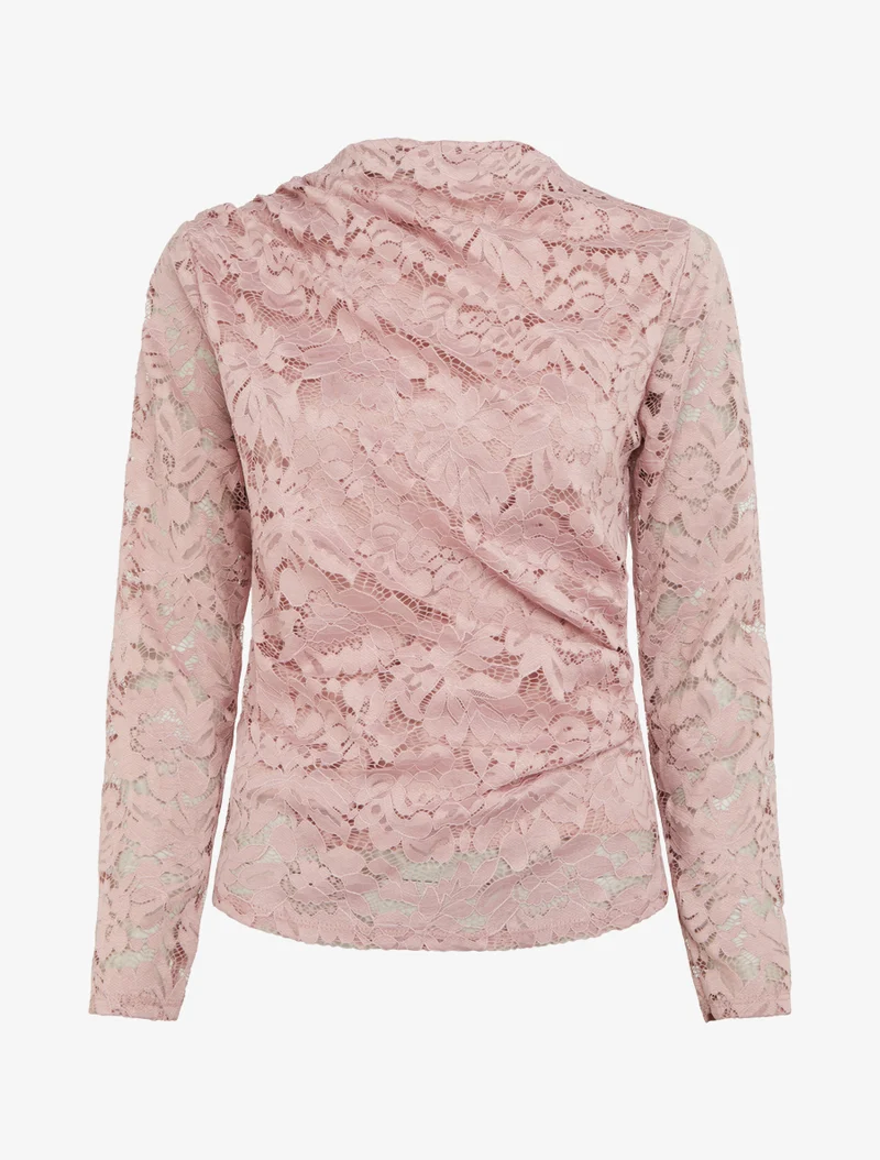 Top en dentelle drapé à manches longues - Vieux rose