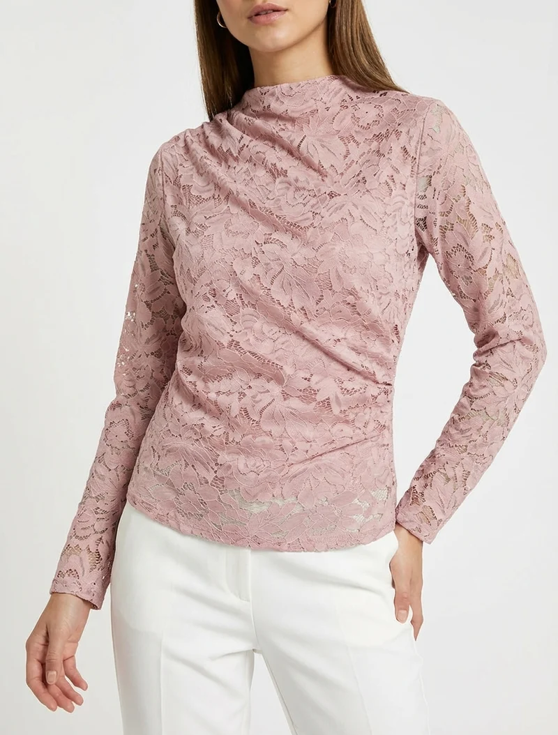 Top en dentelle drapé à manches longues - Vieux rose