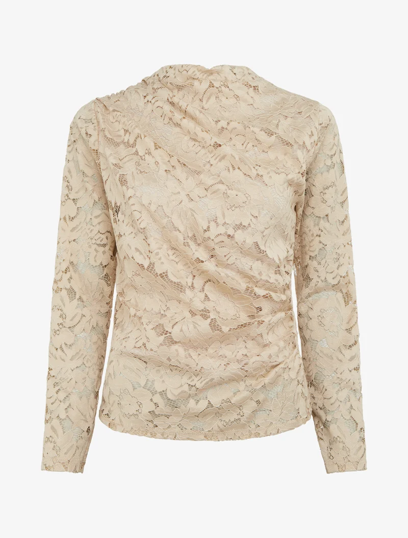 Top en dentelle drapé à manches longues - Beige