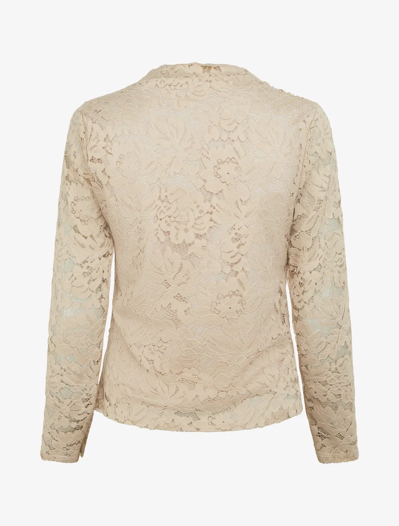 Top en dentelle drapé à manches longues - Beige