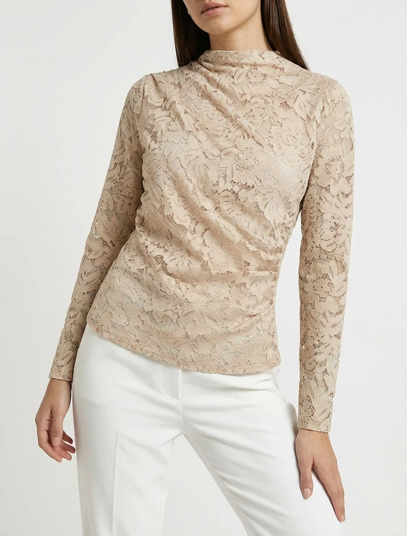 Top en dentelle drapé à manches longues - Beige