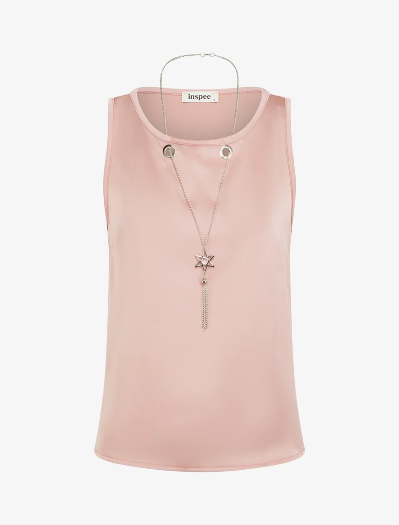 Top satiné sans manches à col bijou - Rose