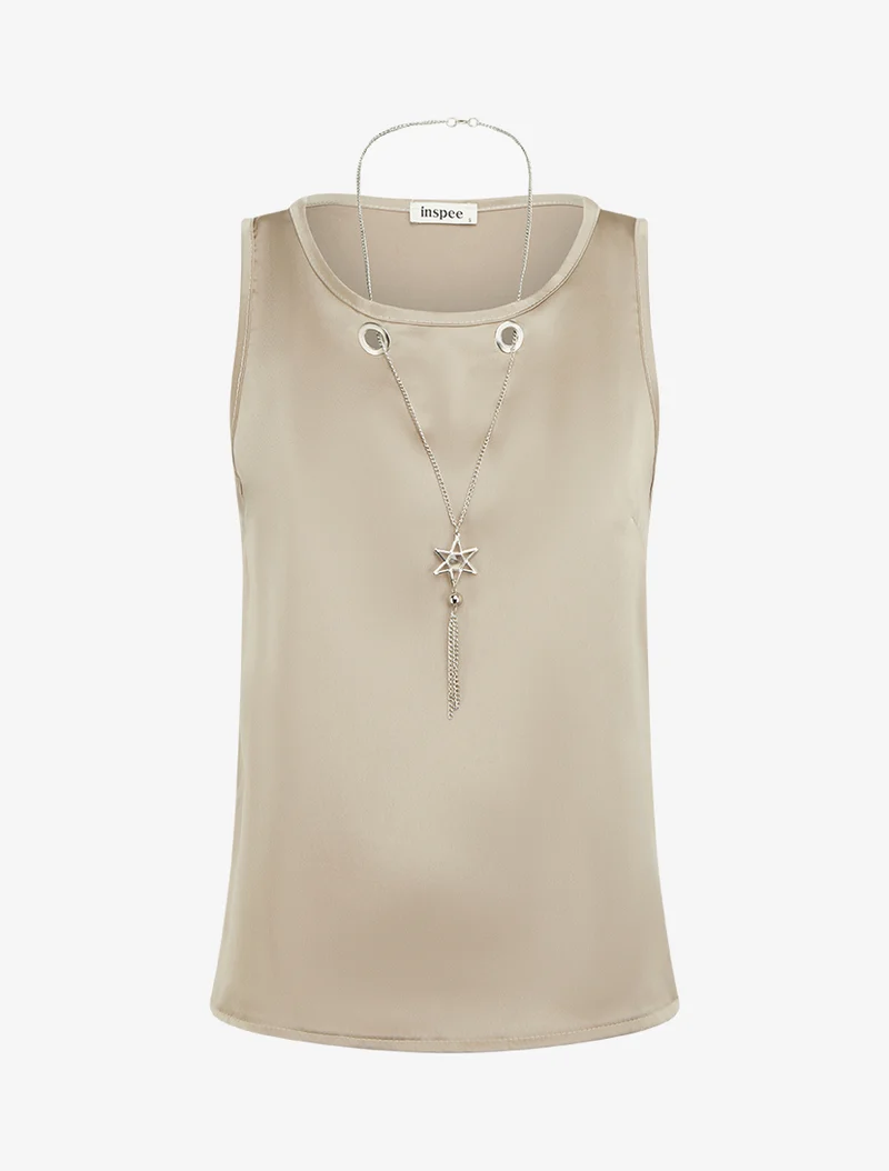 Top satiné sans manches à col bijou - Taupe