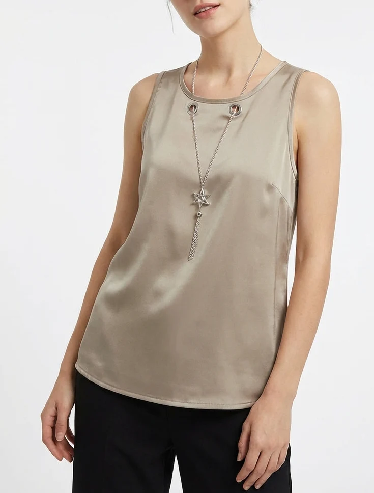 Top satiné sans manches à col bijou - Taupe