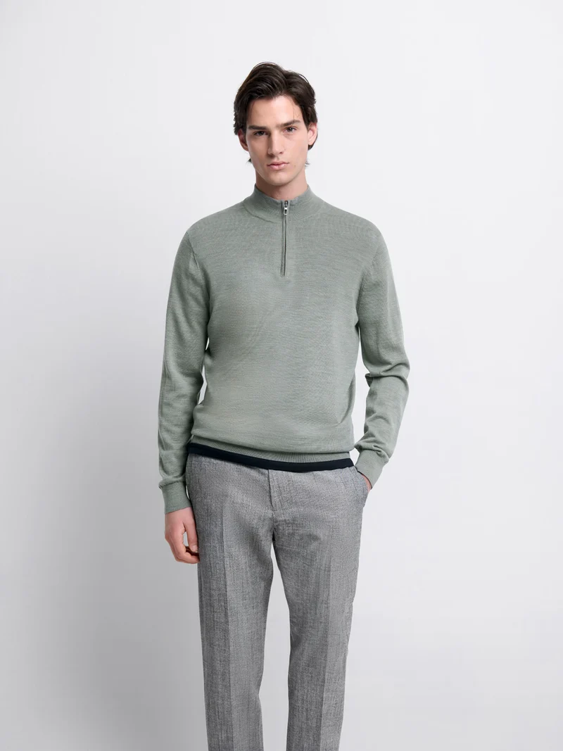Pull col cheminée zippé en laine Mérinos