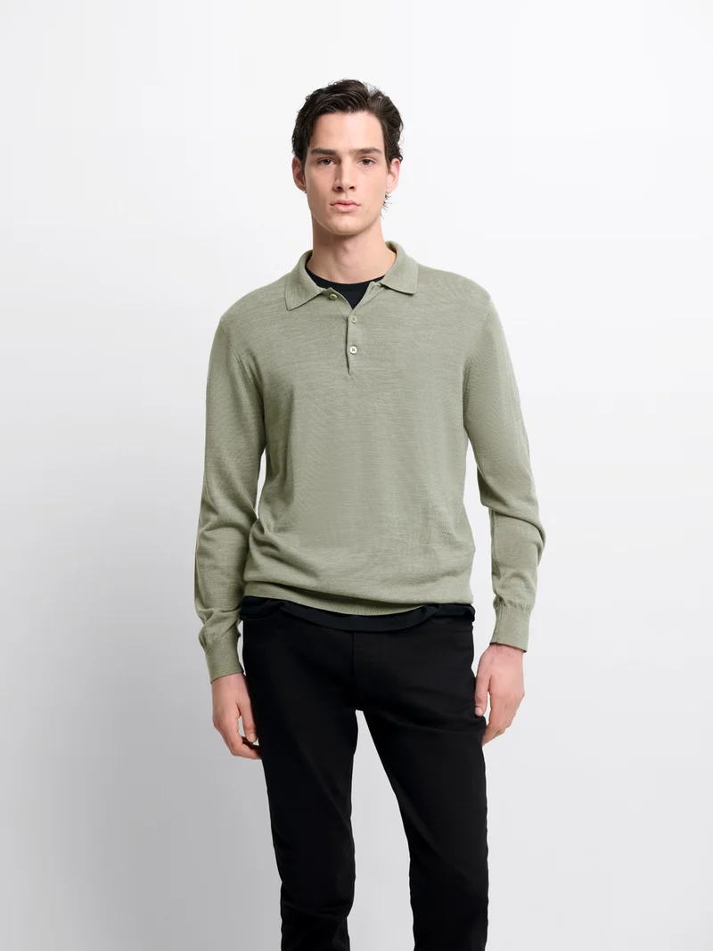 Pull col polo boutonné en laine Mérinos