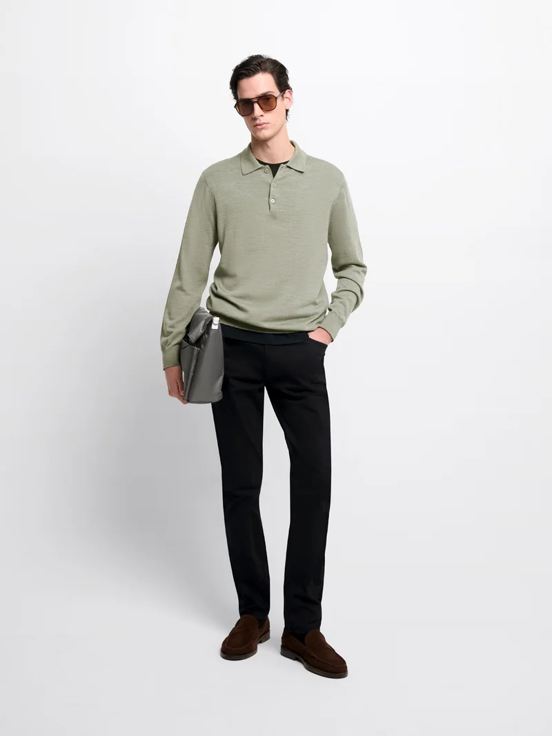 Pull col polo boutonné en laine Mérinos
