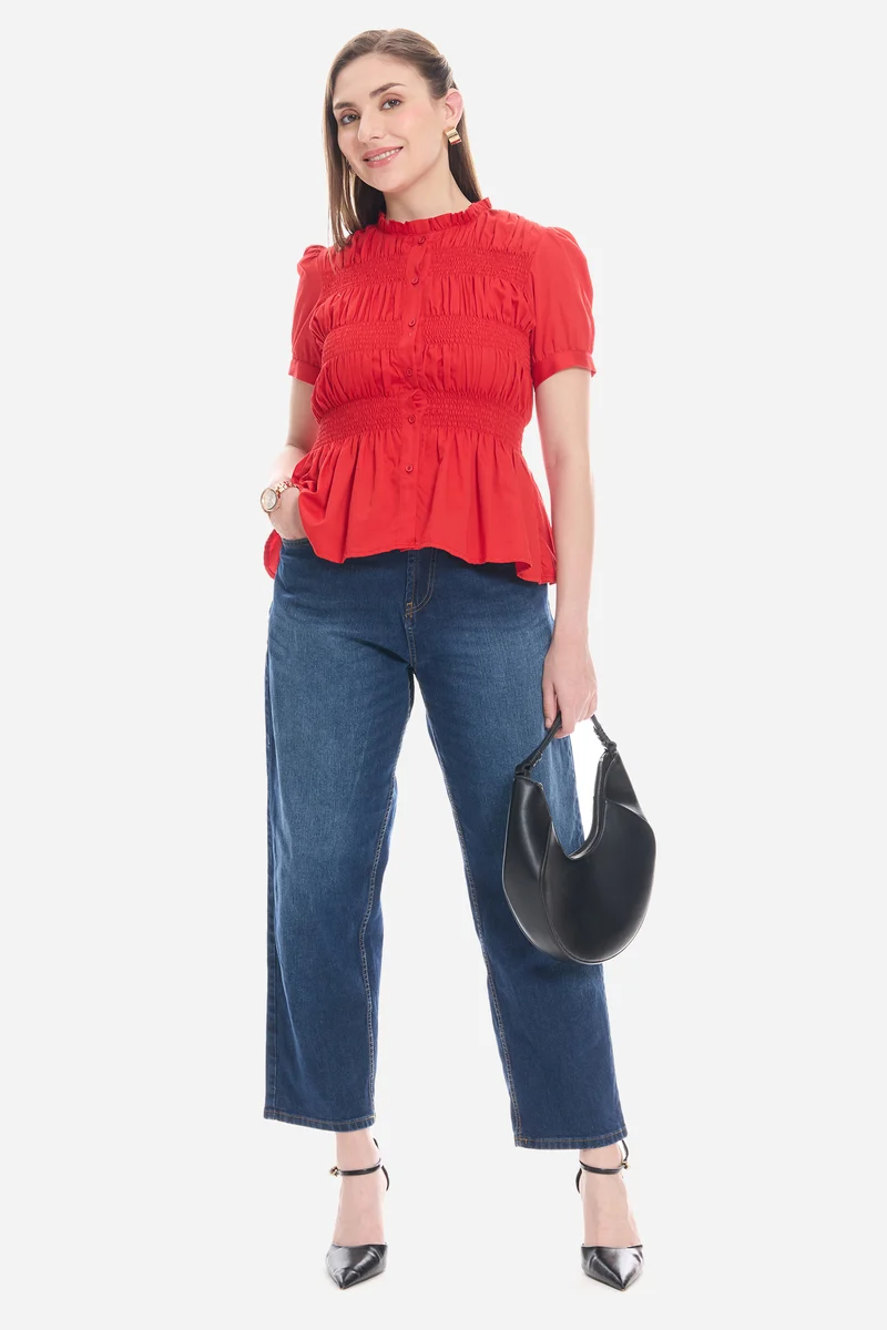 Naris|100% Cotton Smocked Fitted Peplum Top