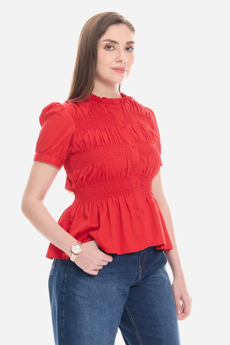 Naris|100% Cotton Smocked Fitted Peplum Top