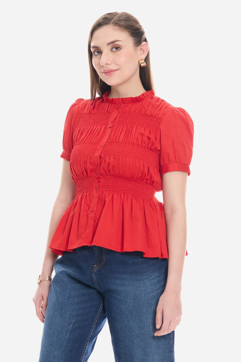 Naris|100% Cotton Smocked Fitted Peplum Top