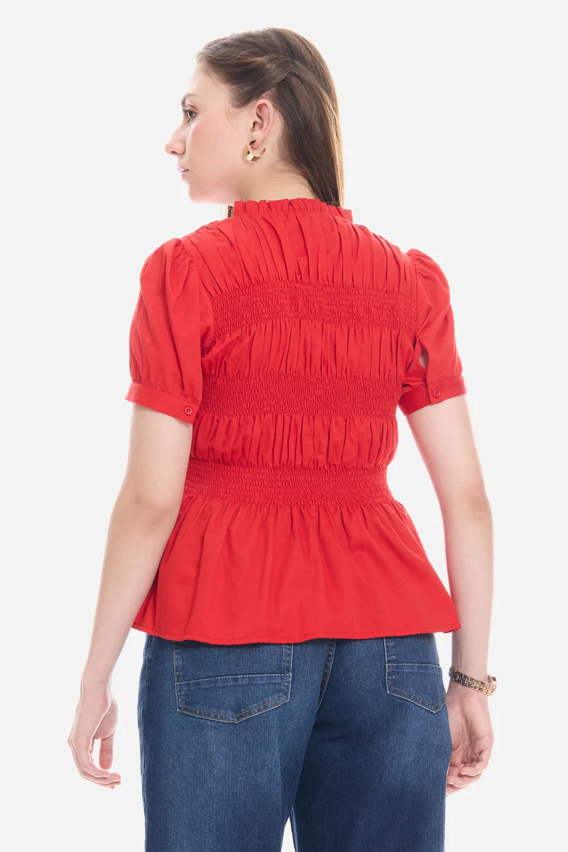 Naris|100% Cotton Smocked Fitted Peplum Top