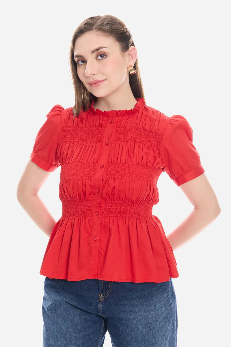 Naris|100% Cotton Smocked Fitted Peplum Top