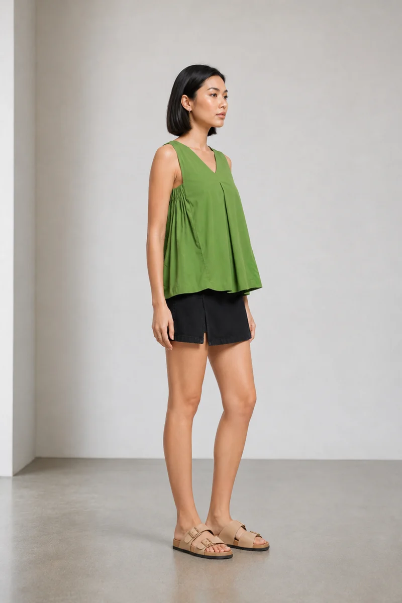 Naren|100% Cotton V-Neckline Flared Top