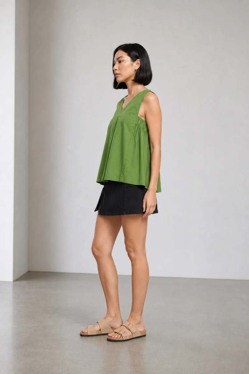 Naren|100% Cotton V-Neckline Flared Top