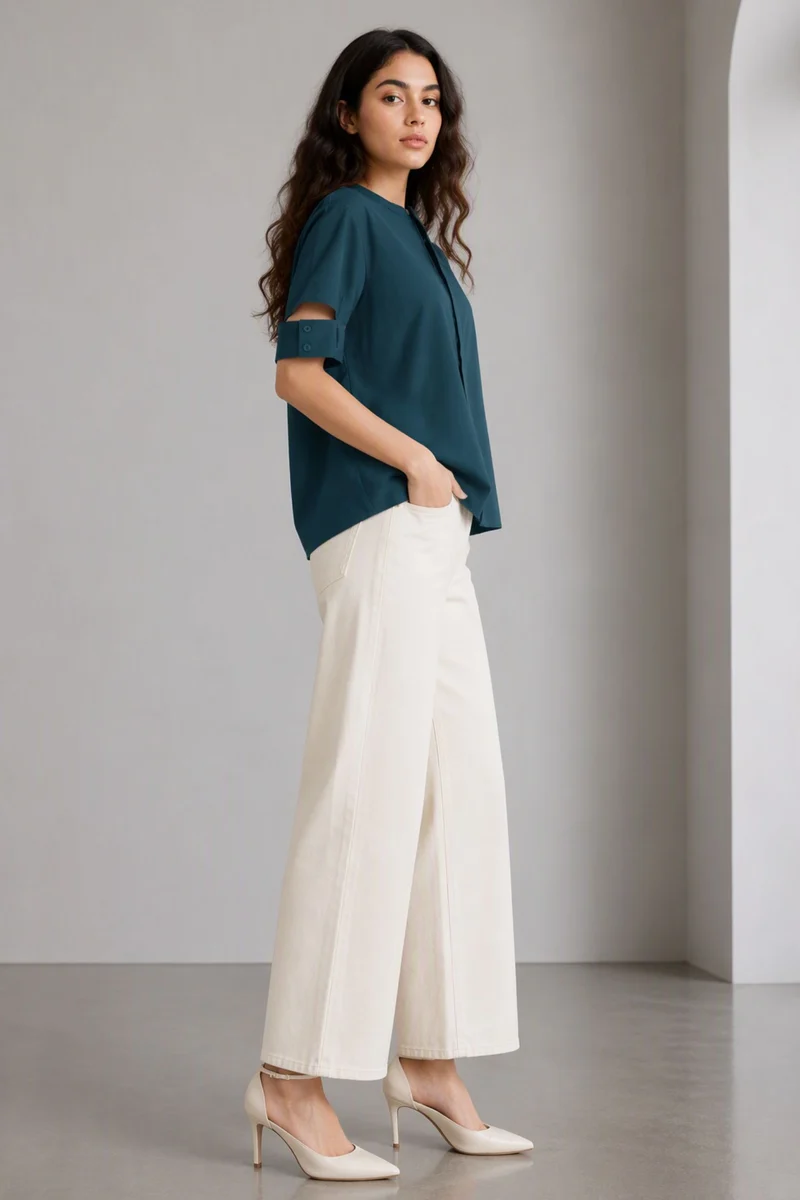 Nava|100% Cotton Split Cuff Round Neck Shirt