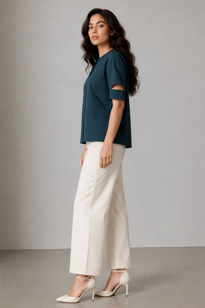 Nava|100% Cotton Split Cuff Round Neck Shirt