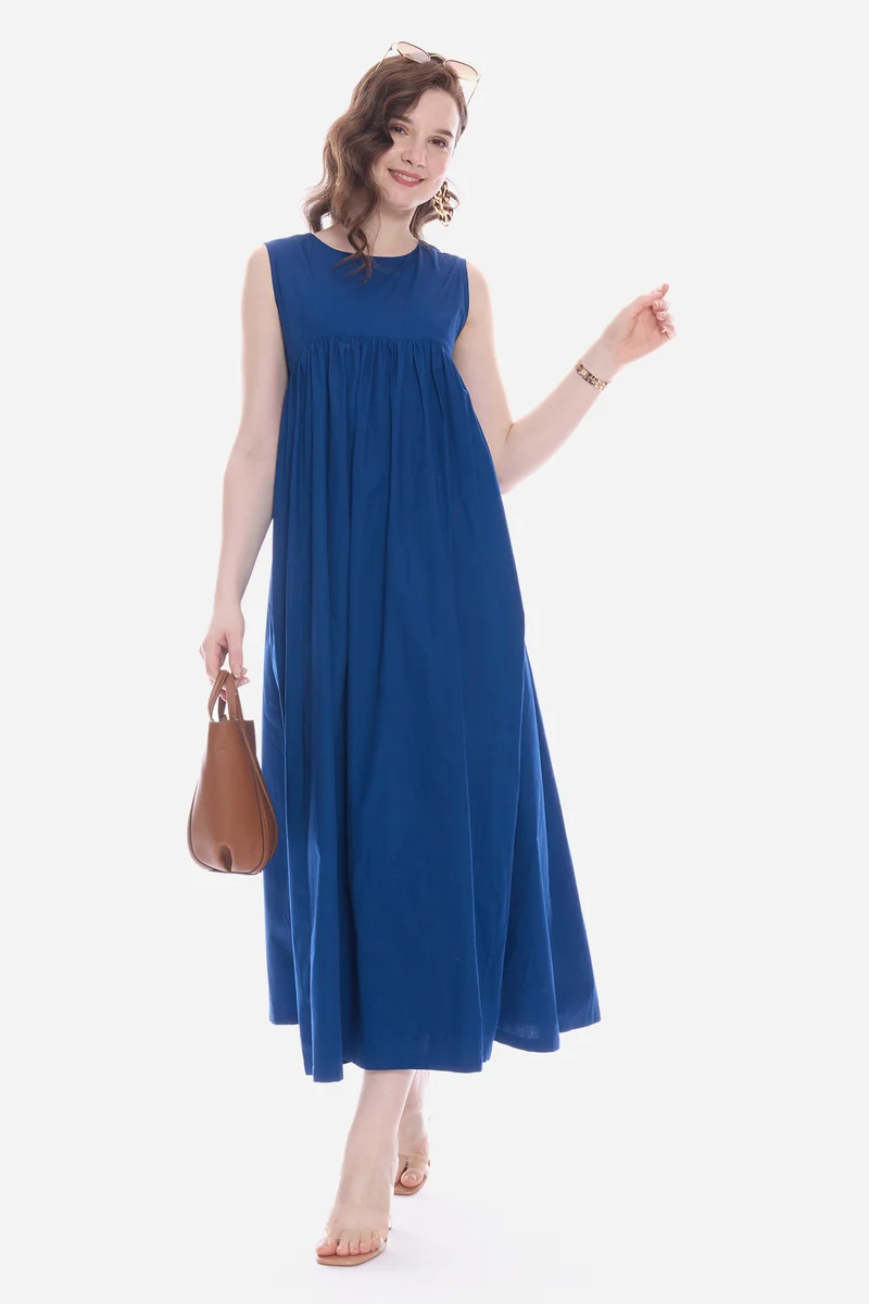 Mavy|100% Cotton Flared Maxi Dress With Pockets