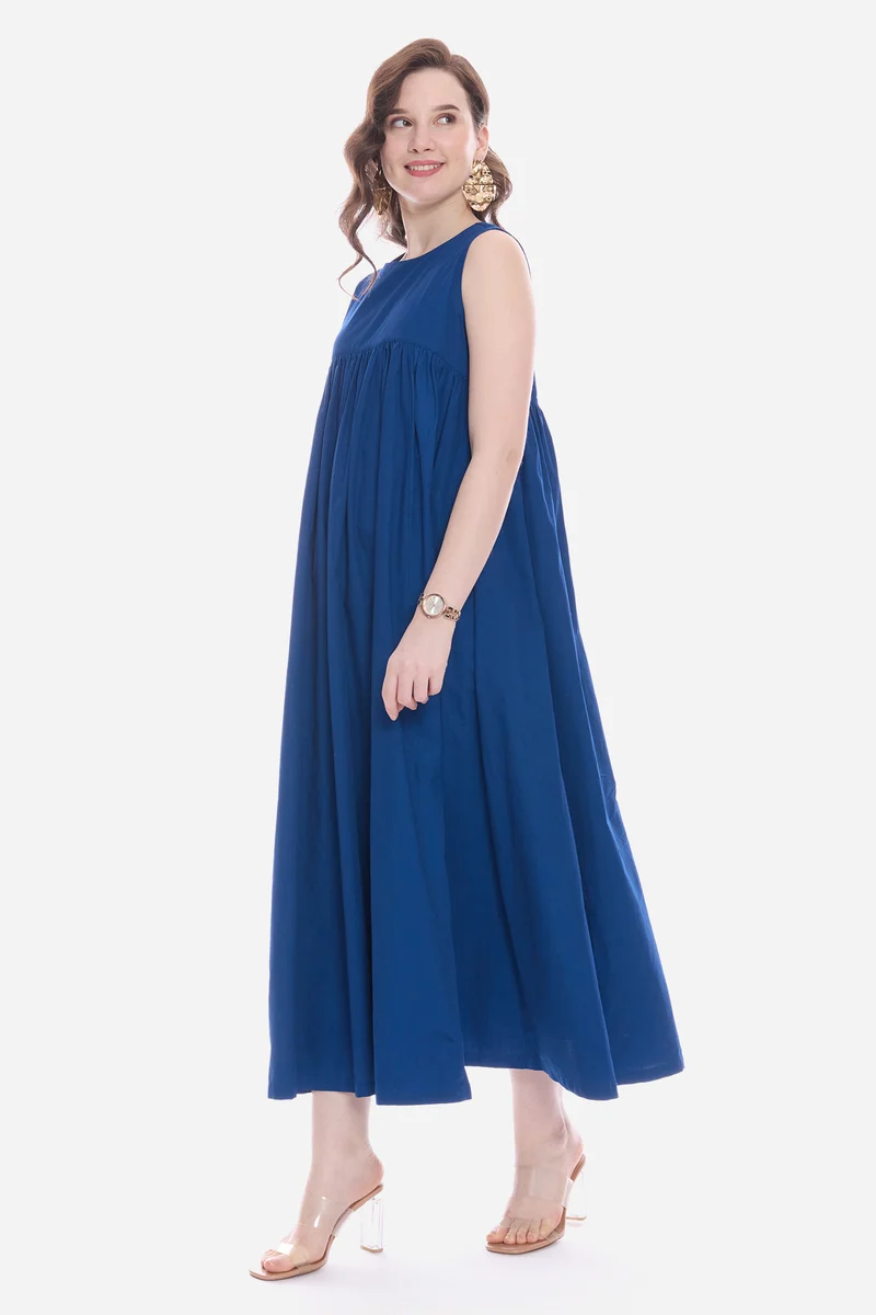 Mavy|100% Cotton Flared Maxi Dress With Pockets