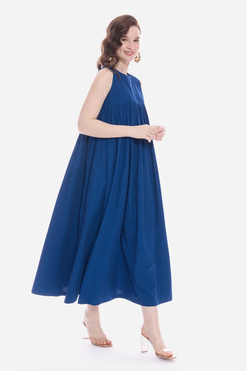 Mavy|100% Cotton Flared Maxi Dress With Pockets