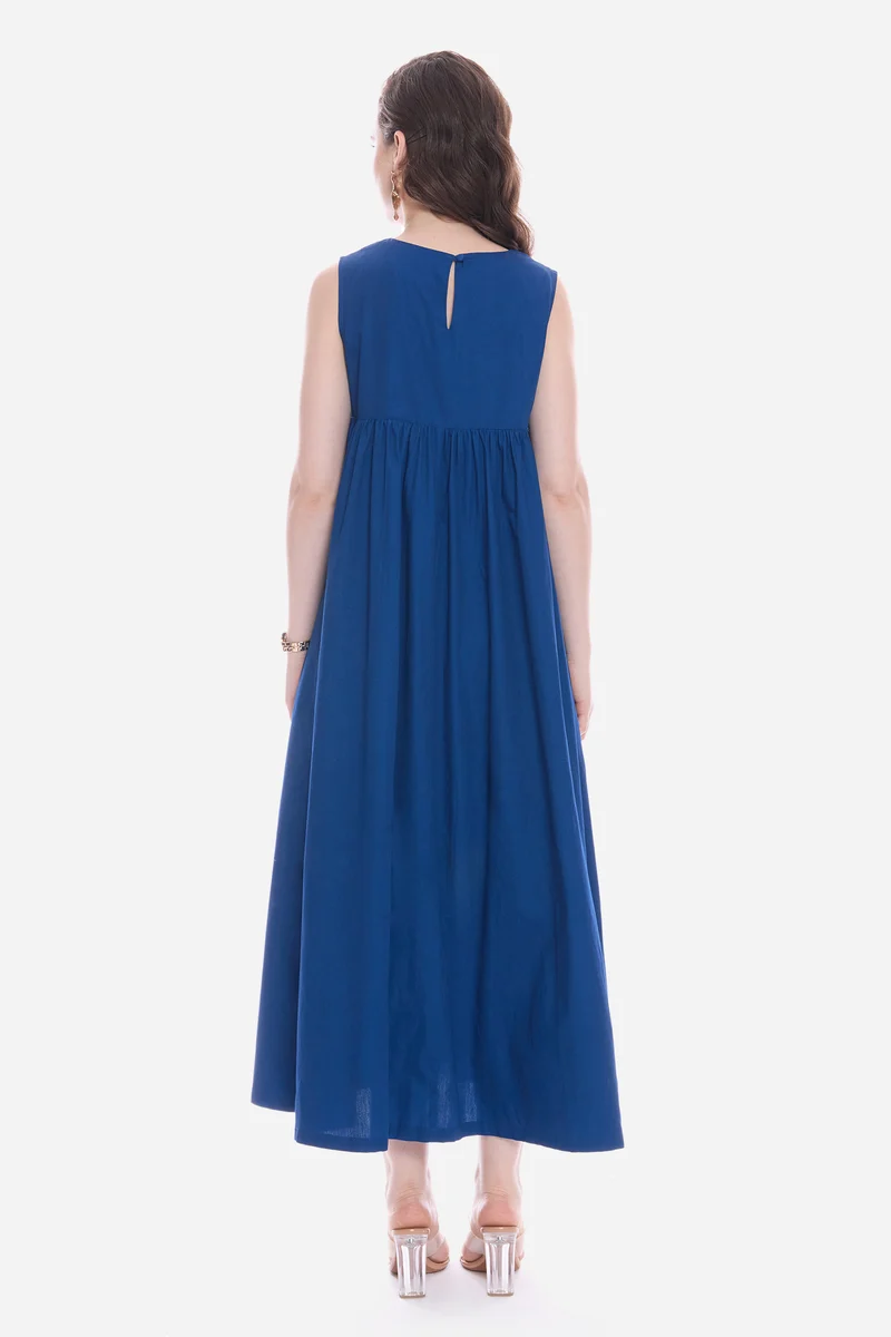 Mavy|100% Cotton Flared Maxi Dress With Pockets