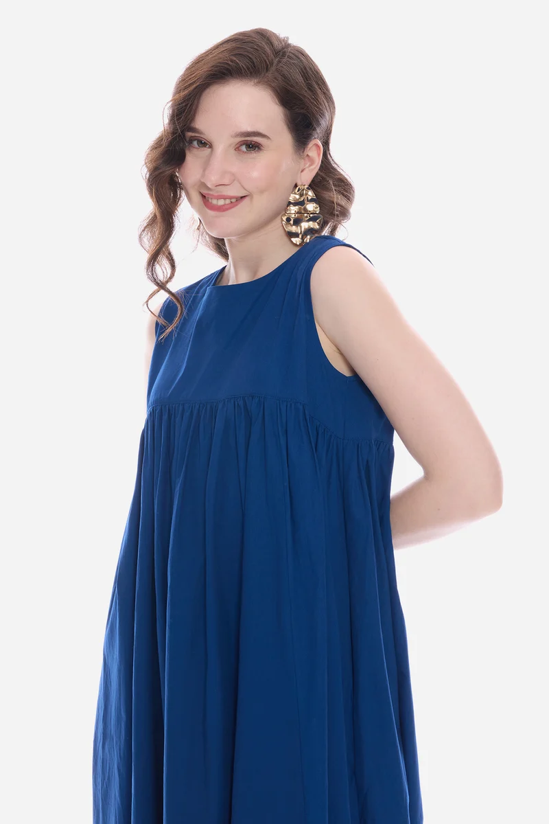 Mavy|100% Cotton Flared Maxi Dress With Pockets