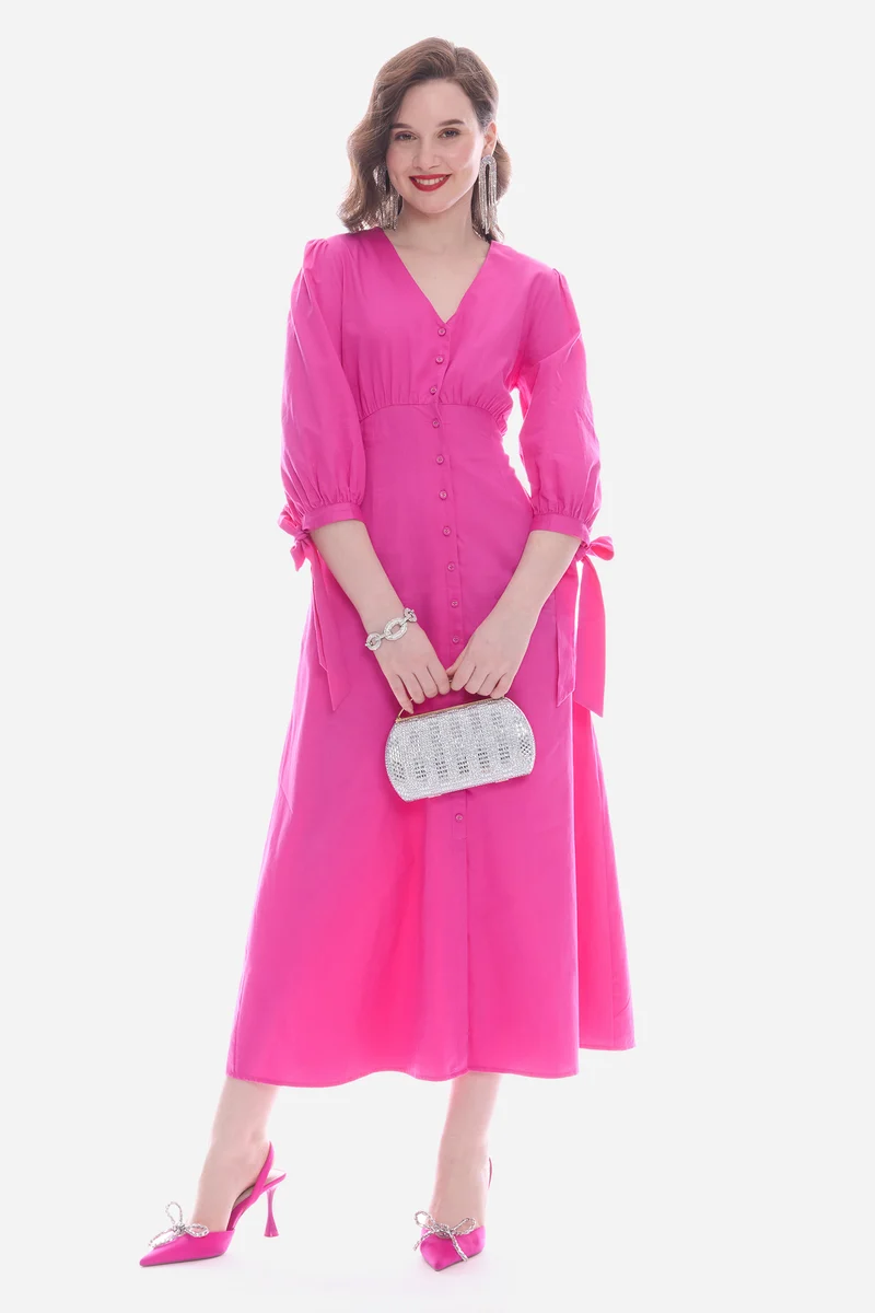 Olty|100% Cotton V-Neck Bow Tie Maxi Dress