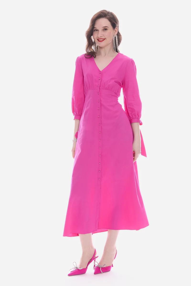 Olty|100% Cotton V-Neck Bow Tie Maxi Dress