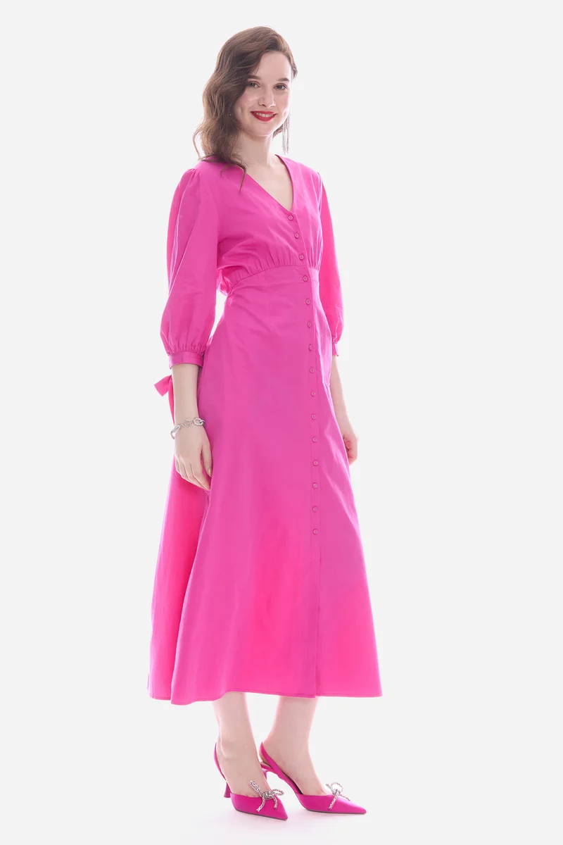 Olty|100% Cotton V-Neck Bow Tie Maxi Dress