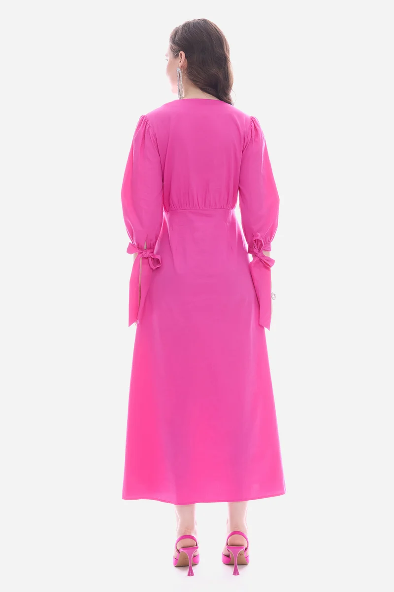 Olty|100% Cotton V-Neck Bow Tie Maxi Dress