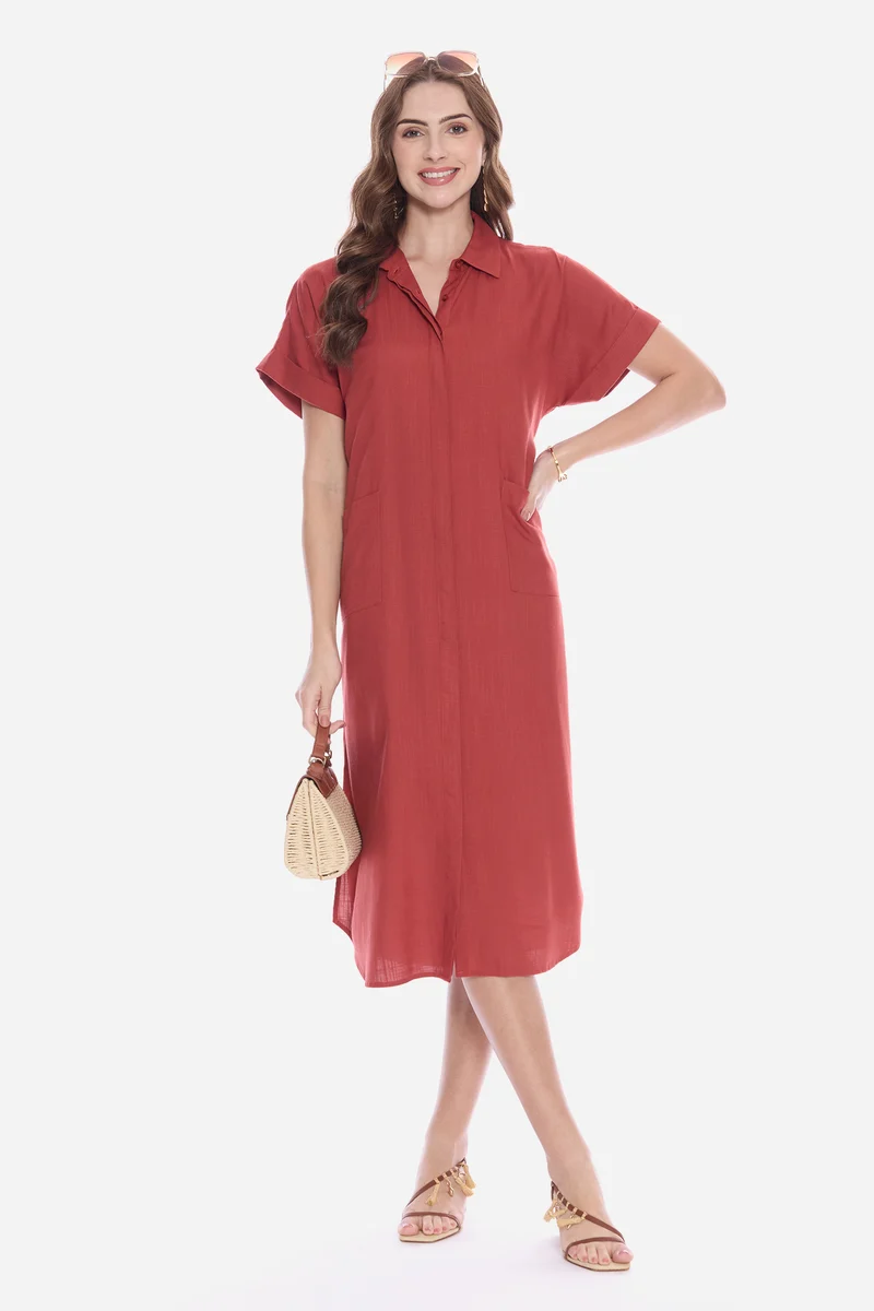 Oleah|100% Viscose Shirt Dress With Patch Pocket